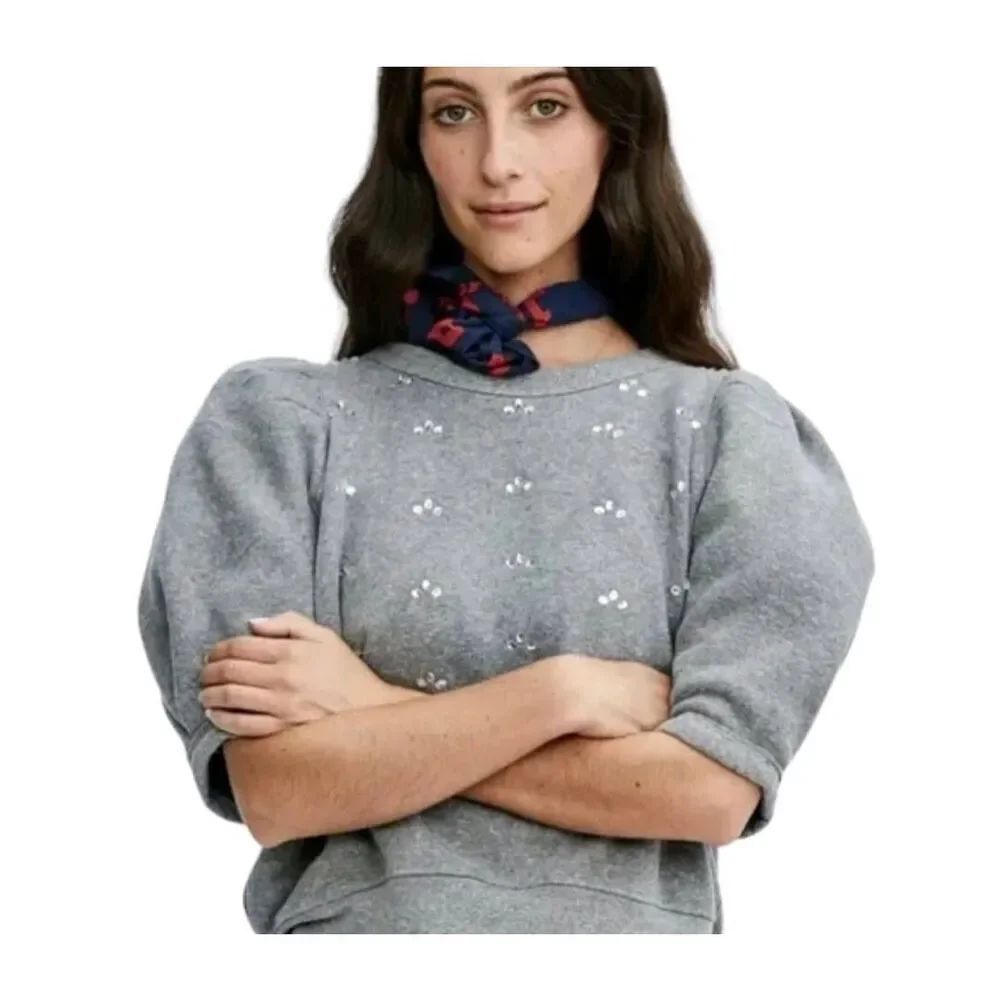 CLARE V Puff Sleeve sweatshirt top w rhinestones sz Large